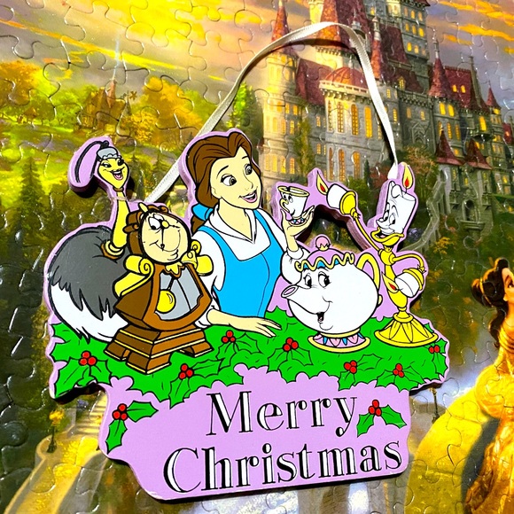 DISNEY’S BEAUTY & THE BEAST VTG 90s KURT ALDER HANDCRAFTED WOODEN XMAS ORNAMENT - Picture 1 of 11